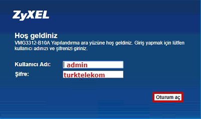 ZyXEL VMG3312-B10B Access Point Kurulumu için hazırlanmış görseller. Arayüz şifre ekranı.